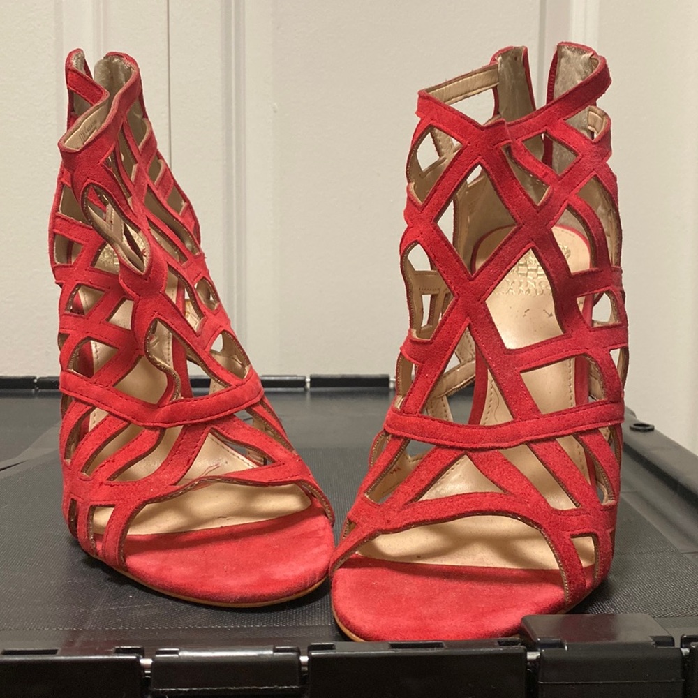 Vince Camuto red suede open toe booties
